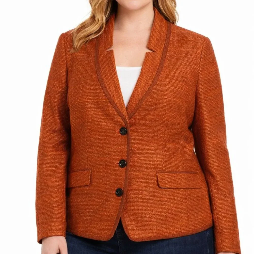 Etcetera Size 14 Orange Tweed Wool Blend Designer Tailored Notch Blazer‎ Jacket